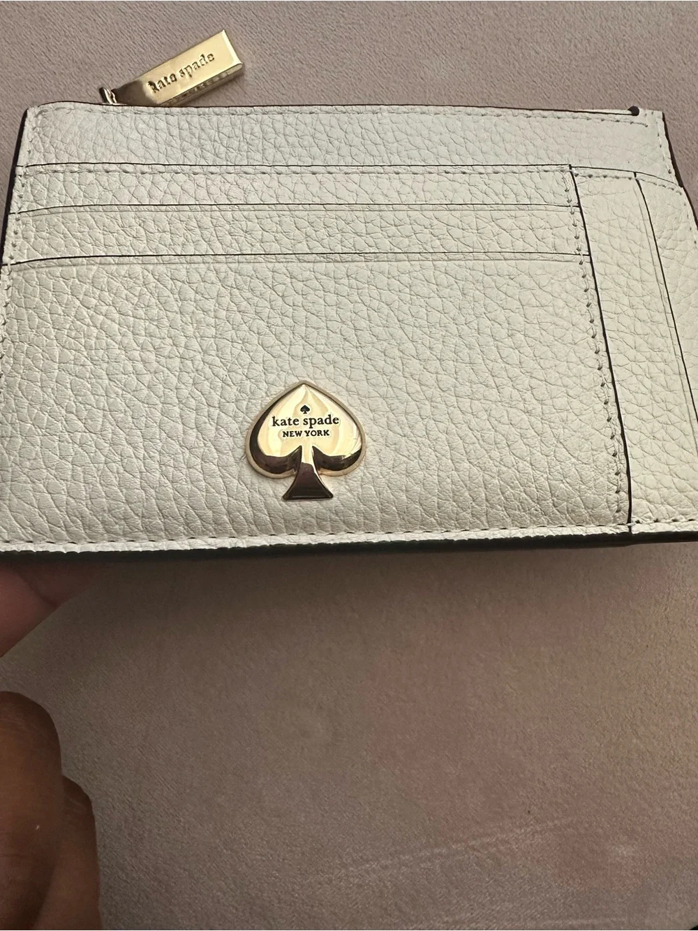 kate spade Pebbled Leather Card Case in White with Gold Hardware